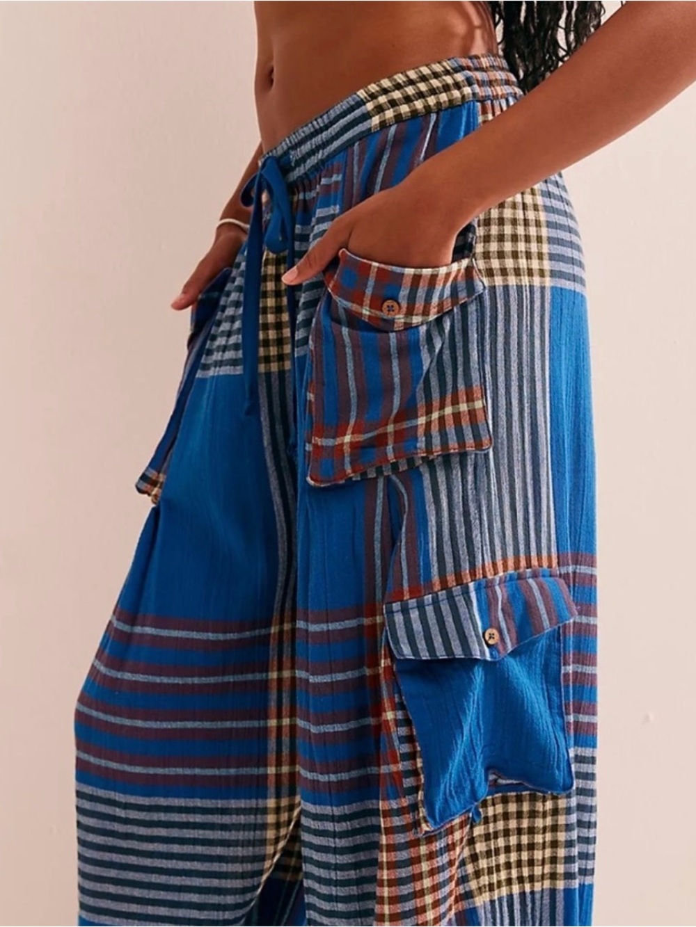 Free People Crafted Cargo Pants L Blue Plaid Balloon Boho Utility